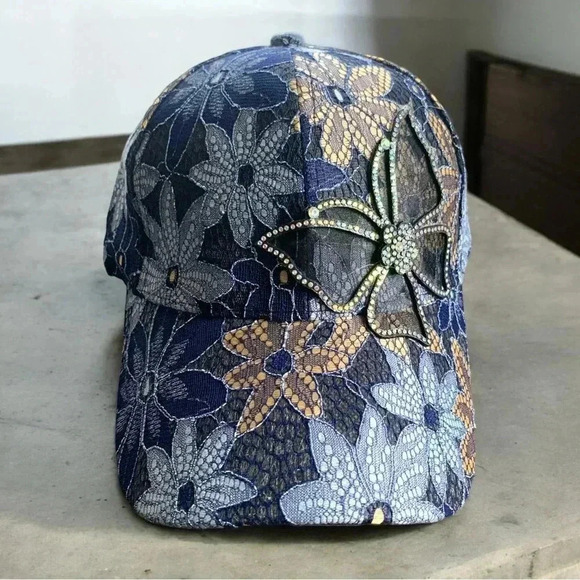 Boutique Handcrafted Feminine Floral Lace Embroidered Butterfly Baseball Cap Hat - Picture 1 of 8
